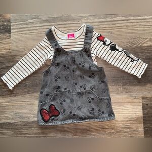 Disney Kids two piece Black and Gray Overall Dress w/ Striped Long Sleeve